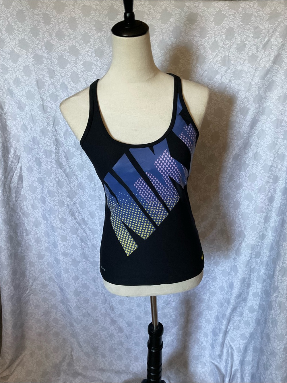 Nike Black Racerback Tank with Blue-Purple-Yellow Gradient Logo